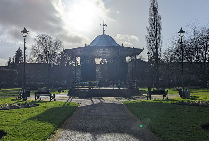 A photograph of Victoria Gardens Neath, with the bandstand in the centre of the photograph