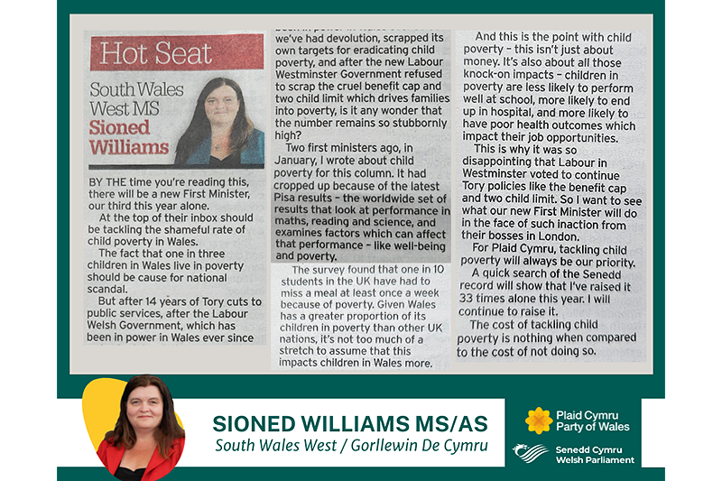 Petryal gwyrdd tywyll gyda ffotograff o erthygl Sioned Williams yn y Glamorgan Gazette yn y canol ar y brig. Ar y gwaelod, ar streipen wen, mae llun bach o Sioned, ei henw, ei rhanbarth a logos y Senedd a Phlaid Cymru. Mae geiriad yr erthygl wedi'i gynnwys ar dudalen Newyddion gwefan Sioned, ac mae dolen iddi o fewn y post cyfryngau cymdeithasol.