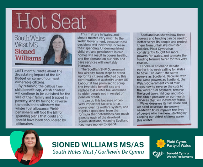 Erthygl Sioned Williams yn y Glamorgan – ffotograff o’r erthygl wedi’i gosod yn erbyn cefndir gwyrdd tywyll gydag enw, rhanbarth a llun pen Sioned Williams ar waelod y ddelwedd. Mae geiriad yr erthygl wedi’i atgynhyrchu ar y dudalen we.