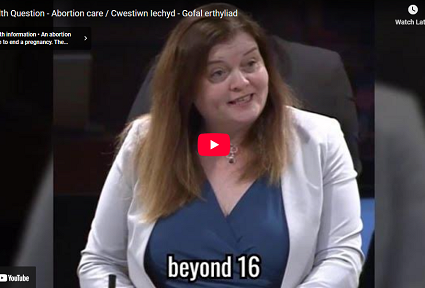 Sioned Williams AS yn siarad yn siambr y Senedd yn ystod cwestiwn iechyd am ofal erthyliad.