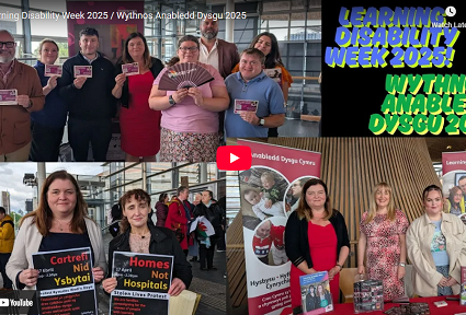 Casgliad o luniau o ddigwyddiad Wythnos Anabledd Dysgu 2025 yng Nghymru. Grwpiau o bobl, gan gynnwys ymgyrchwyr a chefnogwyr, yn dal placardiau a thaflenni yn hyrwyddo 'Cartrefi Nid Ysbytai' ac yn codi ymwybyddiaeth am bobl ag anableddau dysgu. Baneri o Anabledd Dysgu Cymru a Learning Disability Wales i’w gweld. Testun yng nghornel dde uchaf: 'Wythnos Anabledd Dysgu 2025!'