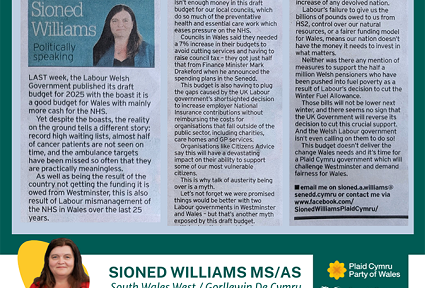 Graffeg yn dangos erthygl Sioned Williams ar gyfer y South Wales Evening Post ar gyllideb ddrafft 2025-26. Mae testun yr erthygl papur newydd wedi'i atgynhyrchu yn yr erthygl ar y dudalen we isod.