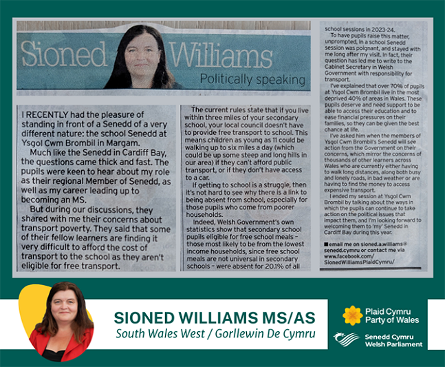 Erthygl Sioned Williams yn y South Wales Evening Post – ffotograff o’r erthygl wedi’i gosod yn erbyn cefndir gwyrdd tywyll gydag enw, rhanbarth a llun pen Sioned Williams ar waelod y ddelwedd. Mae geiriad yr erthygl wedi’i atgynhyrchu ar y dudalen we.