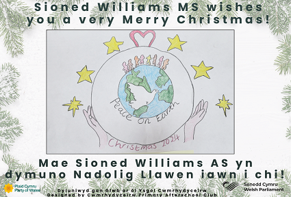 Sioned Williams AS yn dymuno Nadolig Llawen iawn i chi! Cerdyn Nadolig