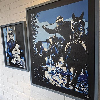 Painting of a man on a horse in blue black and white
