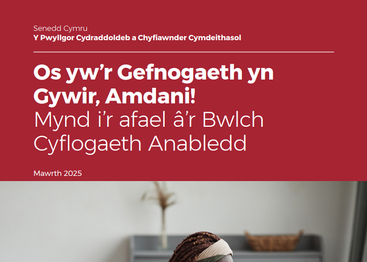 Tudalen glawr adroddiad gan Bwyllgor Cydraddoldeb a Chyfiawnder Cymdeithasol Senedd Cymru o'r enw ‘Os yw’r Gefnogaeth yn Gywir, Amdani! Mynd i’r afael â’r Bwlch Cyflogaeth Anabledd’. Dyddiedig Mawrth 2025. Yn y cefndir, mae delwedd wedi'i niwlo o berson yn eistedd wrth ddesg gyda phlanhigyn a chlustog ar soffa