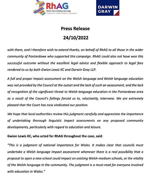 press release about the Neath Port Talbot Council's decision to open a new English-medium super-school part 3