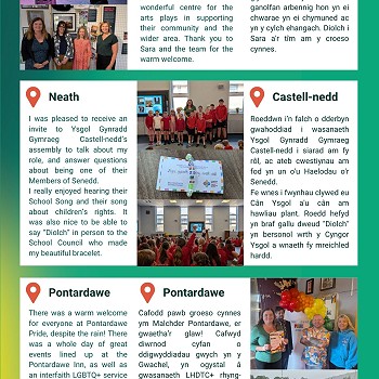 I visited the wonderful Theatr Brycheiniog to hear about the role this wonderful centre for the arts plays in supporting their community and the wider area. Thank you to Sara and the team for the warm welcome. I was pleased to receive an invite to Ysgol Gynradd Gymraeg Castell-nedd’s assembly to talk about my role, and answer questions about being one of their Members of Senedd.I really enjoyed hearing their School Song and their song about children’s rights. It was also nice to be able to say “Diolch” in person to the School Council who made my beautiful bracelet. There was a warm welcome for everyone at Pontardawe Pride, despite the rain! There was a whole day of great events lined up at the Pontardawe Inn, as well as an interfaith LGBTQ+ service held at Gellionnen Chapel. Diolch to everyone who has helped organise and sponsored this great annual event.