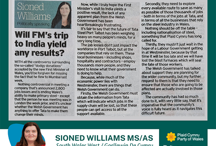 Petryal gwyrdd gyda llun o erthygl Sioned Williams fel y mae'n hanes yn y South Wales Evening Post ar ddydd Iau 16 Mai 2024. Llun pen o Sioned Williams, gyda'i henw, rhanbarth a logos Plaid Cymru a'r Senedd ar y gwaelod.