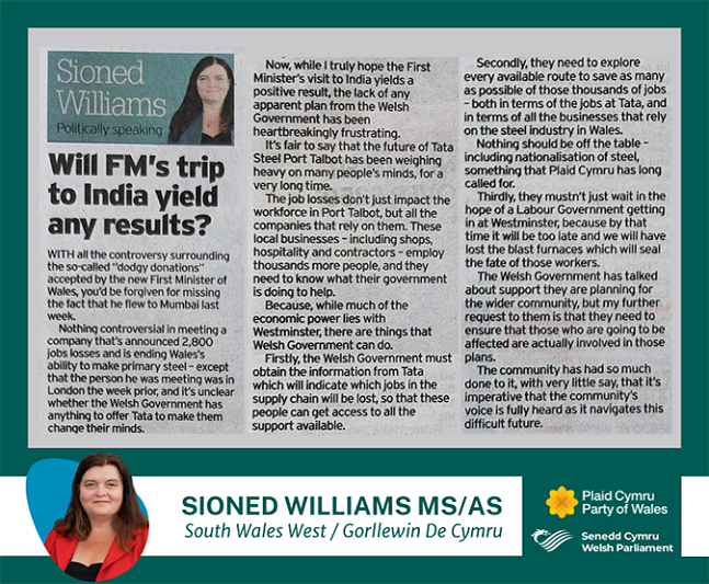 Petryal gwyrdd gyda llun o erthygl Sioned Williams fel y mae'n hanes yn y South Wales Evening Post ar ddydd Iau 16 Mai 2024. Llun pen o Sioned Williams, gyda'i henw, rhanbarth a logos Plaid Cymru a'r Senedd ar y gwaelod.