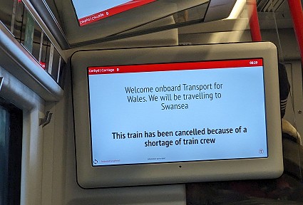 Sign saying the train has been cancelled due to lack of staff