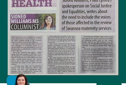 Petryal gwyrdd tywyll gyda llun o erthygl Sioned Williams fel y mae'n ymddangos yn y Western Mail ddydd Llun 22 Ionawr 2024. Llun pen o Sioned Williams, gyda'i henw, rhanbarth a logos Plaid Cymru a'r Senedd ar y gwaelod.