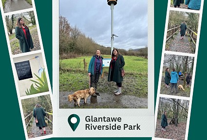 Collage of images in the form of a poster showing photos of a Riverside Park