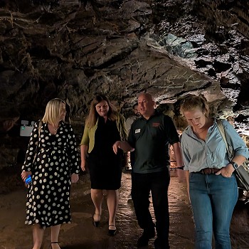 Sioned and Beca with hosts in Dan yr Ogof Cave