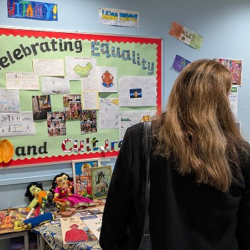 Sioned speaking with a teacher